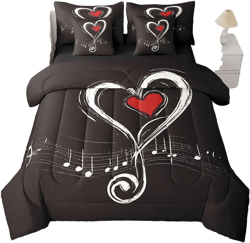 Erosebridal Love Heart Bedding Twin Size 7pcs Bed in a Bag, Geometric Music Note Printed Lightweight Comforter Set, Musical Notation Kids Boys Bedding Comforter Sets, Black Red Modern Bed Sheets Set