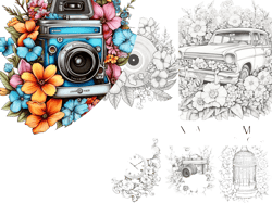 50 Floral Vintage Item Coloring Pages - Adults Coloring Book, Greyscale, Digital Coloring Sheets, Instant Download, Printable PDF File.
