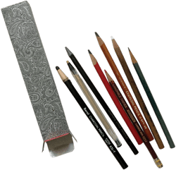 1970-80s Sketch Pencils Gift Set, 8 Drawing Tools, Art Supplies, Handmade Paisley Box, Industrial, Rustic Décor, Used Collectibles, Vintage