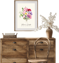CUSTOM Family Birth Flower Bouquet, Digital Illustration for mothers day, Personalised Gift for Mum mom, Mother&#39;s Day, Family Portrait mom