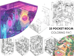 Cute Pocket Room Coloring Book, Isometric Coloring Pages, Interior Coloring Pages for Adult, Kawaii Coloring Pages, Download PDF Greyscale