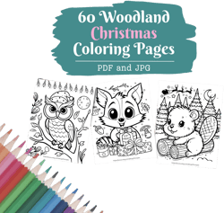 Woodland Christmas Baby Animals Coloring Pages, Cute Coloring, Cute Kawaii Woodland Animals, Forest Animals, Owl Deer Fox, Digital Download