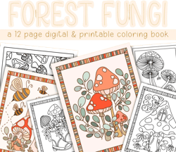 Forest Fungi Digital Coloring Book, Printable Coloring Pages for Kids, Printable Coloring Book, Mushroom Coloring Pages, Botanical Coloring