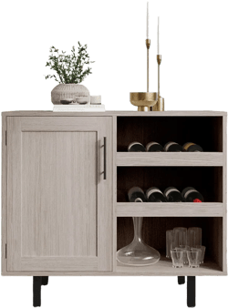 Emma and Oliver Classic Bar and Sideboard with Shaker Style Single Door Cabinet with Hanging Glass Storage and Open Bottle Shelves, Gray