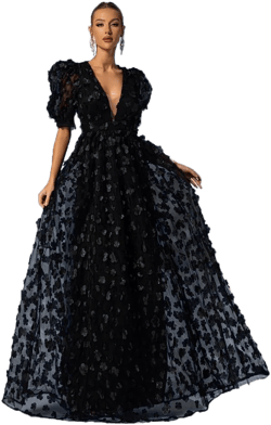 Women's Floral Tulle A-Line Puffy Sleeve Prom Dress