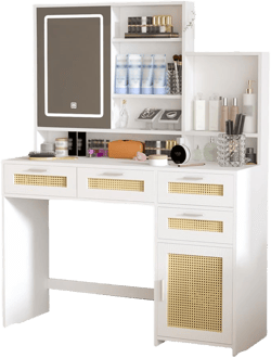 Makeup Vanity with Lights in 3 Colors & Openable Mirror, Vanity Desk with 4 Drawers, 1 Cabinets and Shelves, Vanity Table Rattan Vanity Dresser, White