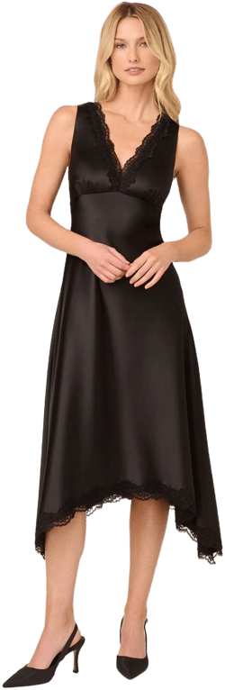 Adrianna Papell Women's Lace-Trim Satin Midi Dress