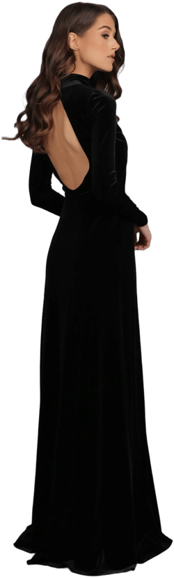 Velvet Mock Neck Open Round Back Long Sleeve Bridesmaid Dress
