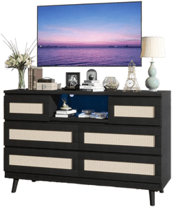 gaomon Natural Rattan Dresser For Bedroom With LED Light And Charging Station, 6 Drawer Double Dressers, Modern Wooden Dresser Chest, Beside Table For Closet, Nursery, Living Room