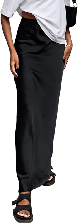 Vrtige Women's Elegant Satin Silky High Waist Flowy Maxi Skirt
