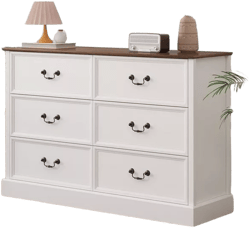 gaomon 6 Drawer Double Dresser,Modern Farmhouse Chest of Drawers for Bedroom, Wide Accent Dressers Organizer Wood Storage Cabinet Rustic Tall Dresser for Living Room, Hallway, White_47.2"D x 15.6"W x 32"H