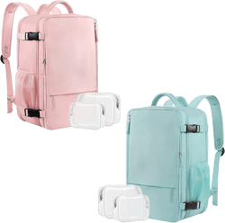 Large Travel Backpacks (Pink+Green), 40L Carry On Backpack, 17 Inch Laptop Backpack, Waterproof Backpack, College Bookbag, Laptop Backpack, Backpack for Women, as Person Item Flight Approved
