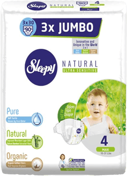 SOHO|Sleepy 3X Jumbo Natural Baby Diapers, Made from Organic Cotton and Bamboo Extract, Ultimate Comfort and Dryness, Diapers- Size 4 Maxi (Child Weight 15-31 Lbs,90 Count)