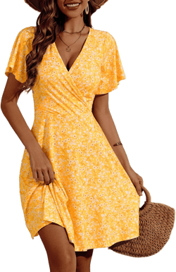 FENSACE Women's Floral Short Sleeve Wrap V Neck A-Line Midi Dress