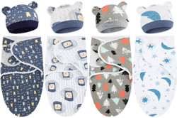 Buryeah 4 Pack Preemie Swaddle Blanket Wrap Set with Hat for Baby Boys Girls 3-7 Lbs Preemie Newborn Clothes Sleepers Cap