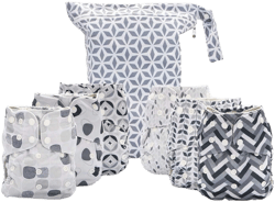 6ct Reusable Cloth Diapers, One Size Adjustable, Washable Soft Absorbent, Waterproof Cover, 4-Layers Microfiber Inserts (Greys) - Simple Being