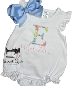 Girls Angel Sleeve Ruffle Romper with Floral Letter, Monogrammed Baby Bubble, Personalized Romper, Girls Summer Outfit, Pastel Floral Design