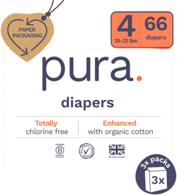 Pura Size 4 Diapers, 66 Count, Unisex, Organic Cotton, Leak-Free, Plant-Based, Dermatologically Tested, Allergy-Certified, Carbon Neutral, B-Corp Size 4 (66 Diapers)