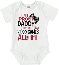 Video Game Baby Boy Graphic One Piece Bodysuit Cute Funny Baby Pregnancy Announcement I Am Proof Daddy Does Not Play Video Games All The Time Gamer Dad Humor Casual Everyday Soft Cotton Printed Cap Sleeve Lap Neck Romper Baby Clothes Brisco Brands