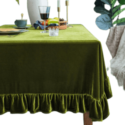 Velvet Tablecloth Luxurious Solid Rectangle Table Cloth,Oblong Retro Farmhouse Ruffle Tablecloths Washable Table Cover for Party Wedding Baby Shower Kitchen Dinning Tabletop Decoration 84" x 60" (Rectangular) Olive Green