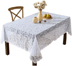 HLC.ME Scroll Lace Fabric Tablecloth, Lace Fabric Table Cloth for Small Rectangle Tables, Wrinkle Resistant Tablecloth, Patterned Scalloped Tablecloth