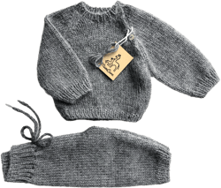Dark grey unisex newborn baby clothing set Wool merino Toddler Kids All in one Preemie Knit Coming home Boy outfit Gift Sweater pants