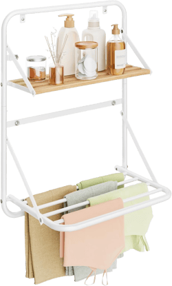 SONGMICS Wall-Mounted Clothing Drying Rack, Shower Caddy, Bath Organizers with Storage Shelf, Hanging Rods, Magnetic Design, for Laundry Room, Bathroom, Cloud White ULLR803W01