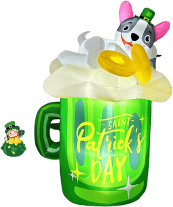 OurWarm 5FT ST Patricks Day Inflatables Outdoor Decoration, Blow Up French Bulldog Wearing Lucky Shamrocks Hat & Lying on Beer Mug, St Patricks Day Decorations for Yard Garden Lawn Home Party Indoor