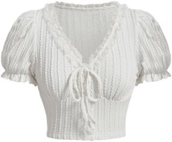 Verdusa Women's Knot Front Lace Trim Puff Sleeve V Neck Crop Tee