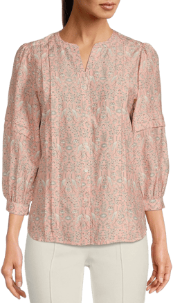 J.Mclaughlin Laramie Flamingo Print Banded Split V-Neck 34 Sleeve Blouse, Womens, L, Pink
