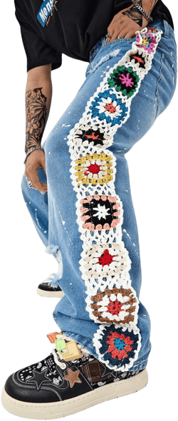 BEAUDRM Men's Floral Crochet Baggy Jeans Ripped Distressed Jeans Hip Hop Straight Leg Denim Pants Streetwear