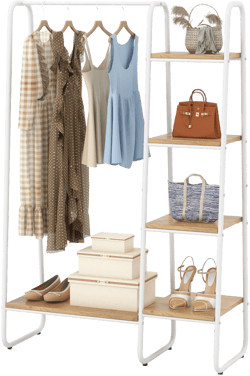 Tangkula Clothes Rack with Shelves, Free-Standing Metal Garment Clothing Rack with Hanging Rod 5 Wooden Shelves Adjustable Foot Pads Natural+White