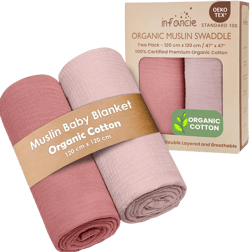 Organic Cotton Muslin Baby Blanket - 47x47 Inch Breathable Swaddle, Hypoallergenic Double-Layer, Versatile Use (Rose/Peach)