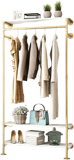 Gold Wall Clothing Racks with White Shelves, Wall Mounted Gold Clothes Rack for Hanging Rods，Heavy Duty Pipe Clothing Racks With Three Shelves Retail Display Garment Rack for Home pipe-gold