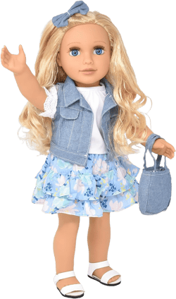 Gift Boutique 18 Inch Girl Doll, Fashion Doll with Fine Blond Long Hair, Blue Eyes, Floral Outfit, Denim Jacket, Sandals, Boots, Hair Bow, Handbag Kayla