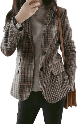 ebossy Women's Vintage Nothced Lapel Houndstooth Plaid Blazer Suit