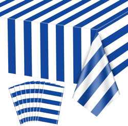 4 Pcs Navy Blue and White Striped Tablecloths Nautical Tableccover Blue Stripes Plastic Table Decorations for Nautical Ocean Theme Party, Boy's 1st Birthday, 51 x 86in