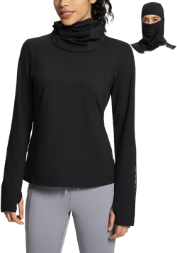 Women's Long Sleeve Cowl Neck Thermal Fleece Shirt with Balaclava and Thumbholes