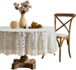 HLC.ME Scroll Lace Fabric Tablecloth, Lace Fabric Table Cloth for Round Tables, Wrinkle Resistant Tablecloth, Patterned Scalloped Tablecloth (90 Round, Ivory)