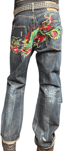 VINTAGE Y2K ED HARDY DRAGON EMBROIDERED BLUE JEANS _ 34x32"