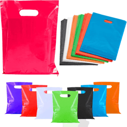 Small Glossy Colored Plastic Bags with Die-cut Handles Assorted Colors - Pack of 50-8.75 x 12 Inch Grocery Sack for Retail, Donation Containers, Takeout Food, Party, Mailing Bags