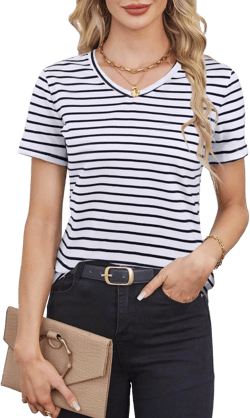 Lilycoco Women's Loose Fit V-Neck Striped Shirt