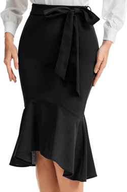 Bbonlinedress Womens Midi Pencil Skirt Fishtail Work Office Church Bodycon High Waist Mermaid Skirts with Bow Tie Belt Large Black
