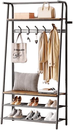 gaomon Coat Rack Shoe Bench, 4-in-1 Hall Trees Entryway Bench with Coat Rack and Shoe Rack, Wood Look Accent Furniture with Steel Frame Storage Shelf and Hanging Bar, Industrial