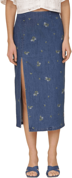 AVEC LES FILLES Women's Floral Embroidered Denim Midi Skirt
