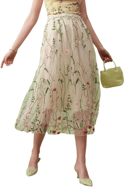 Romantic Elegant Floral Embroidery High Waisted A-Line Midi Skirt