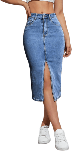 Women's Mid Long High Waist Denim Pencil Skirt with Split Hem