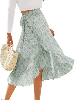 Women's Boho Floral Print High Waisted Ruffle Hem Flowy Chiffon Skirt