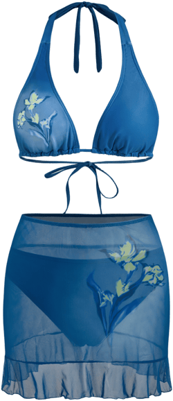 V-neck Floral Halter Cheeky Bikini Swimsuit With Floral Cover Up Skirt
