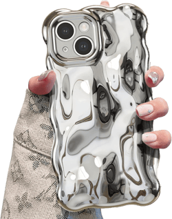 UEEBAI Ripple Case for iPhone 14, Cute Silver Cover Wave Shape for iPhone Case Pretty Aesthetic 3D Phone Cover, Water Ripple Shell 3D Chrome Design for Women and Girl, Silver